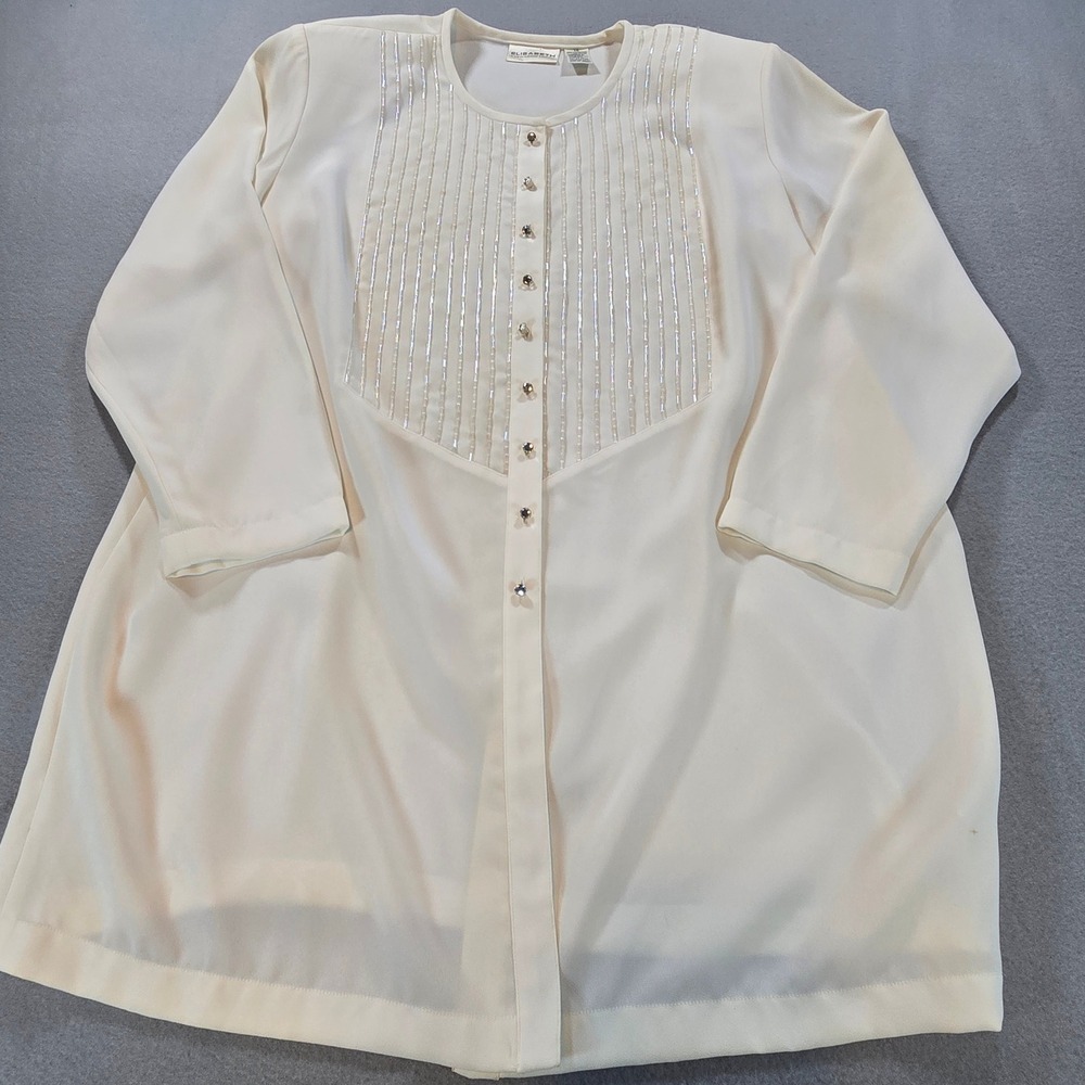 Elisabeth‎ Beaded Tunic Women 16 Cream Vintage Button Front Rhinestone Longline